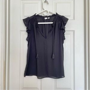 GAP Ruffle-Sleeve Tassel Tie Blouse - Black - Small